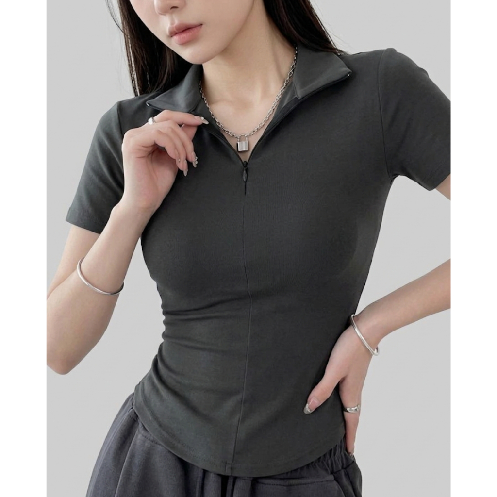 Áo thun nữ bigsize tay ngắn dây kéo có cổ polo ESHOP áo phong nữ bassic ôm body co giãn MS270