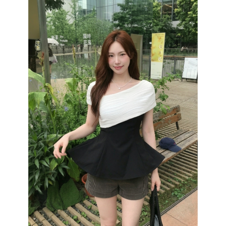 Áo Trễ Vai Chất Tuyết Hàn Phối Thun Gân Cổ Chữ V Lệch Vai ESHOP Áo Thiết Kế Peplum Sang Chảnh Đẹp MS399 Top Áo Women