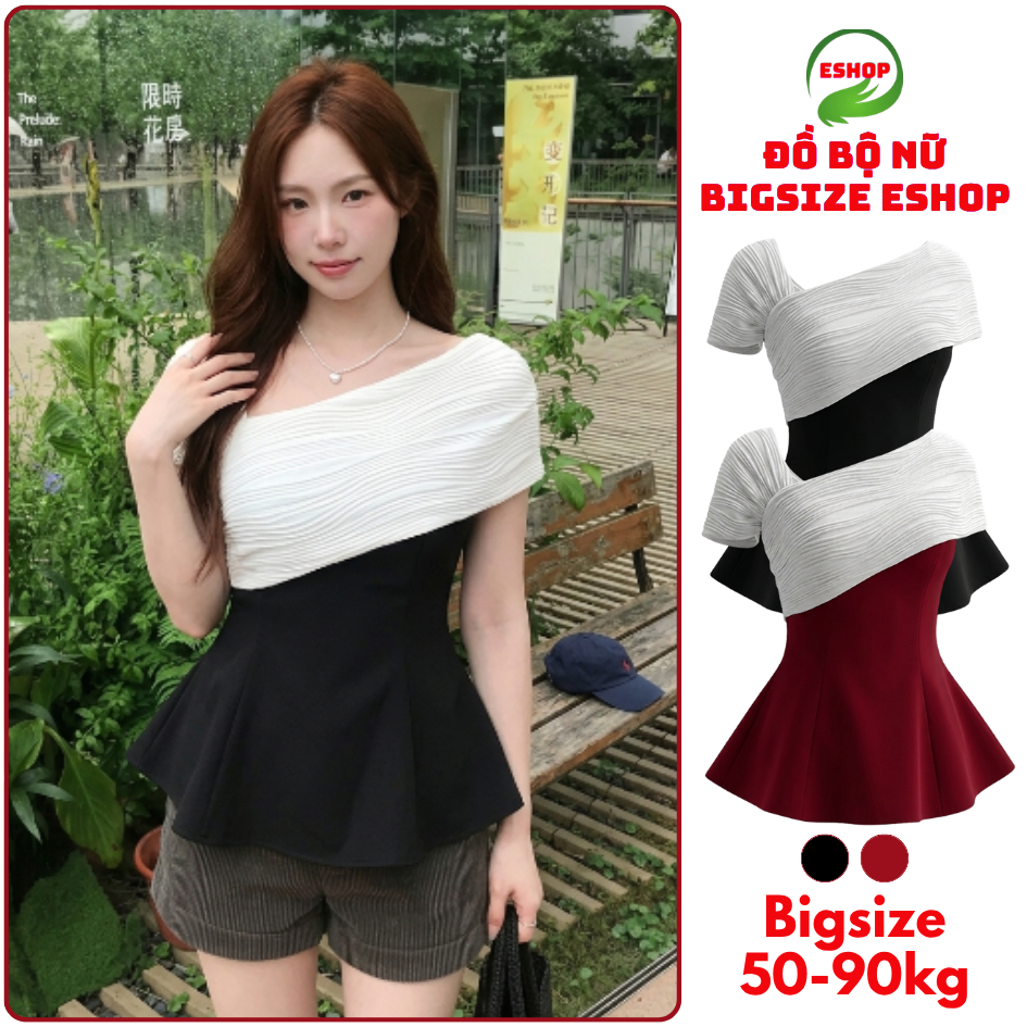 Áo Trễ Vai Chất Tuyết Hàn Phối Thun Gân Cổ Chữ V Lệch Vai ESHOP Áo Thiết Kế Peplum Sang Chảnh Đẹp MS399 Top Áo Women