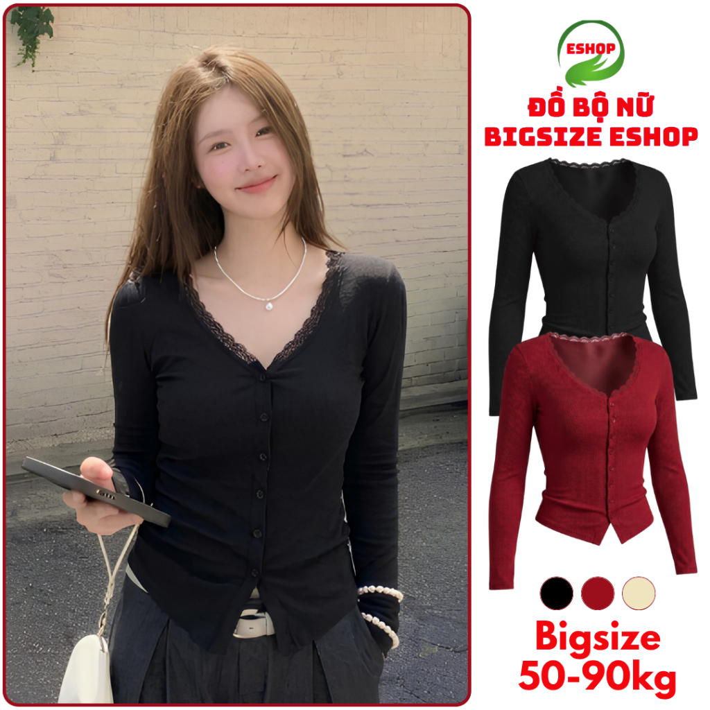 Áo Thun Kiểu Nữ Dài Tay Cổ Chữ V Phối Ren ESHOP Áo Thun Nữ Chất Thun Tăm Mềm Mịn Dễ Phối Đồ Bigsize 45-85kg MS538