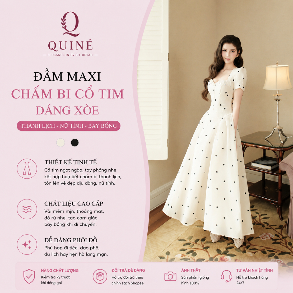 Đầm Maxi Chấm Bi Cổ Tim Dáng Xòe Tiểu Thư Pháp – Thanh Lịch Và Nữ Tính