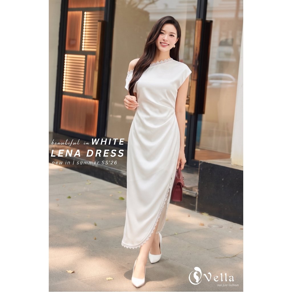 Đầm nữ đi tiệc lệch vai viền ren sang trọng màu trắng, đen Vella Fashion VD26009 - LENA Dress