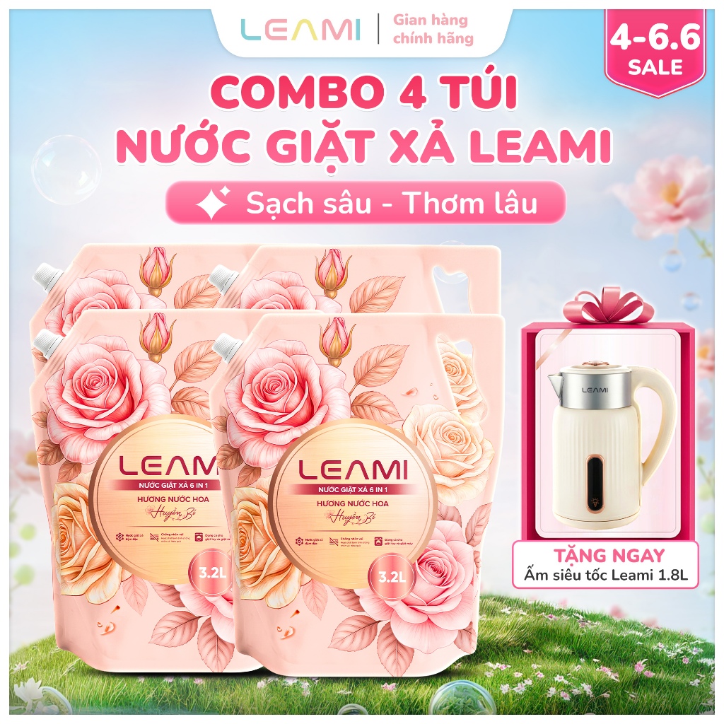 [THÙNG 4 TÚI] Nước Giặt Xả Cao Cấp LEAMI 3.2L/Túi - Công Thức Cải Tiến, Lưu Hương Đa Điểm, Hương Nước Hoa Huyền Bí