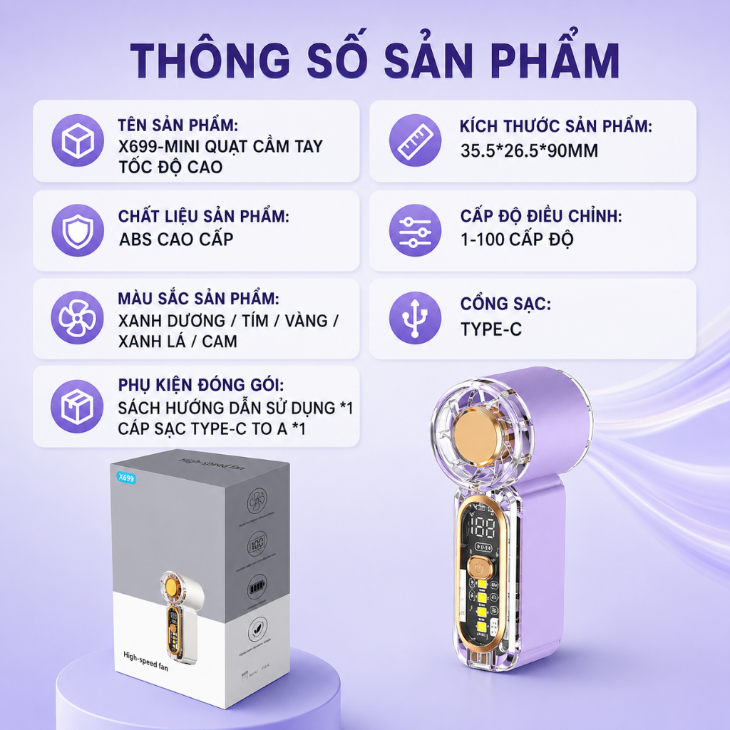 Quạt cầm tay mini X699 pin dung lượng lớn dùng lâu, quạt di động bỏ túi sạc Type-C chống nóng mùa hè đi chơi đi làm
