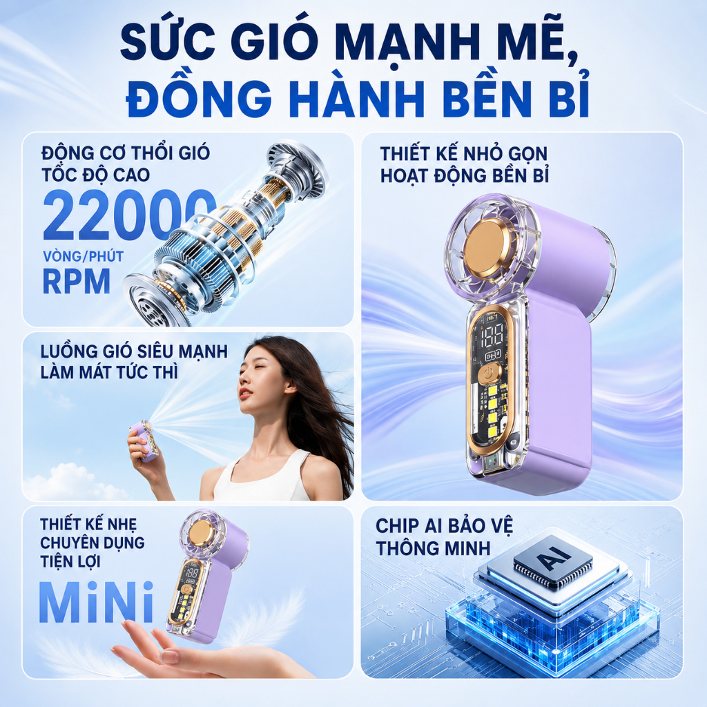 Quạt cầm tay mini X699 pin dung lượng lớn dùng lâu, quạt di động bỏ túi sạc Type-C chống nóng mùa hè đi chơi đi làm