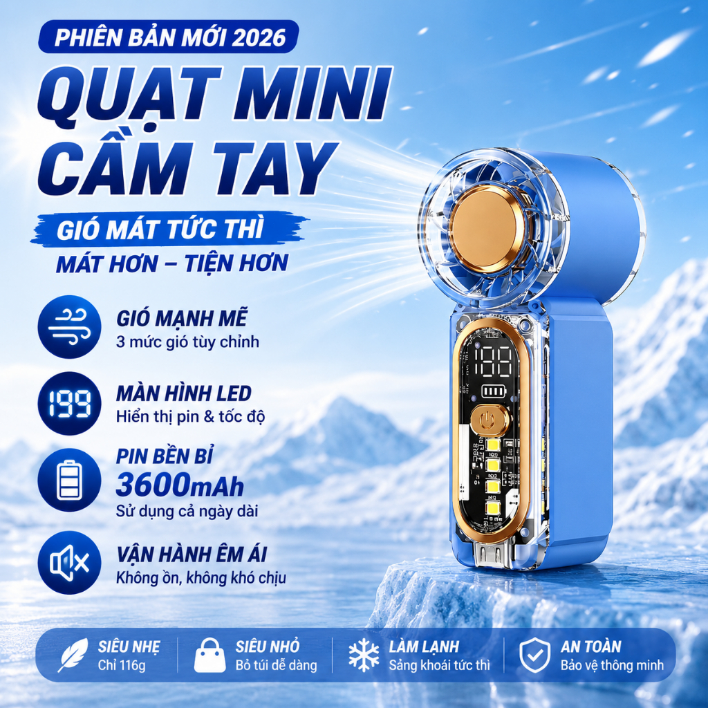 Quạt cầm tay mini X699 pin dung lượng lớn dùng lâu, quạt di động bỏ túi sạc Type-C chống nóng mùa hè đi chơi đi làm