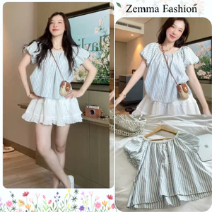 Áo blouse nữ trễ vai kẻ sọc xanh trắng dáng xòe rộng che bụng mỡ mặc đi chơi đi du lịch hè HCOM27428