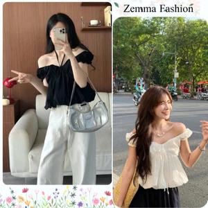 Áo trễ vai tay bồng nữ dáng xòe babydoll thắt dây nơ ngực chất thô mát đi biển du lịch phong cách Hàn Quốc HCOM27424