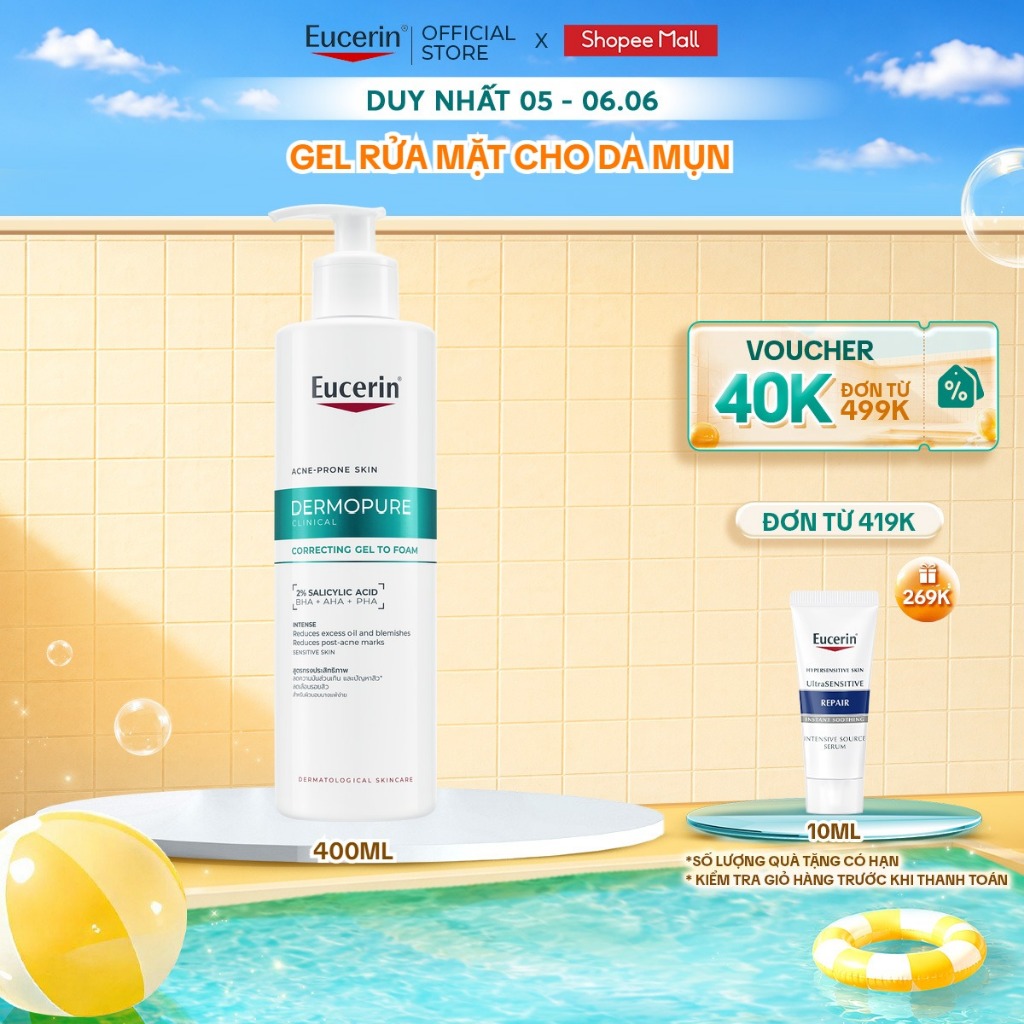 Gel rửa mặt cho da mụn Eucerin Eucerin® DermoPure Clinical Correcting Gel To Foam 400ml