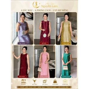 Váy Xuông Trung Niên Nữ Tơ Hoa Hồng Ánh Kim Tencel Sang Trọng, Quý Phái, Đi Tiệc, Đám Cưới, Form xuông sát nách, che eo