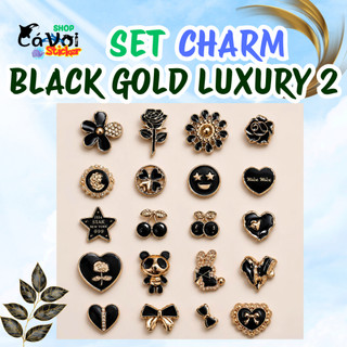 Set Charm Đen Vàng Black Gold Luxury Bán Lẻ Từng Mẫu, Charm Hoa Hồng Trái Tim Nơ Gấu Panda Cao Cấp Trang Trí Dép