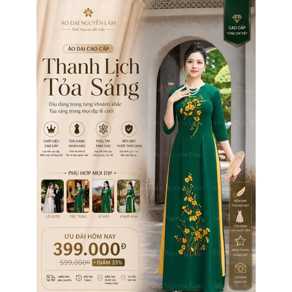 [GIẢM 40K] Áo Dài Lụa Thêu Cao Cấp Tinh Tế, Áo Dài Cho Mẹ H9 Xanh Rêu Cao Giãn Nhẹ, Thấm Hút Tốt - Áo Dài Thêu Hoa Tỉ Mỉ