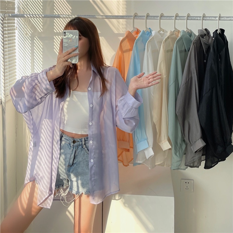 【dynamar】Sẵn-Áo khoác sơ mi voan chống nắng dành cho nữ, mỏng nhẹ, cao cấp, tay dài, thích hợp cho mùa hè.