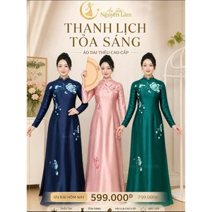 Áo dài Hồng Ngọc - Lụa ruby thêu tinh tế, cổ đính thủ công cao cấp, cổ cao 2,5p tay dài, tà A, Áo Dài Nguyễn Lâm