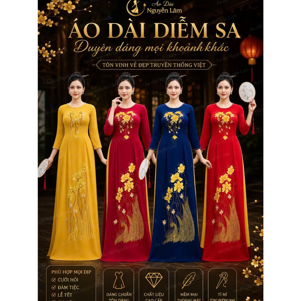 [GIẢM 40K] Áo Dài Lụa Mỹ Diễm Sa Kết Hoa Thêu Nổi 3D, Đính Đá Cao Cấp - Áo Dài Cho Mẹ 6 Màu, Áo Dài Cho Mẹ Sui