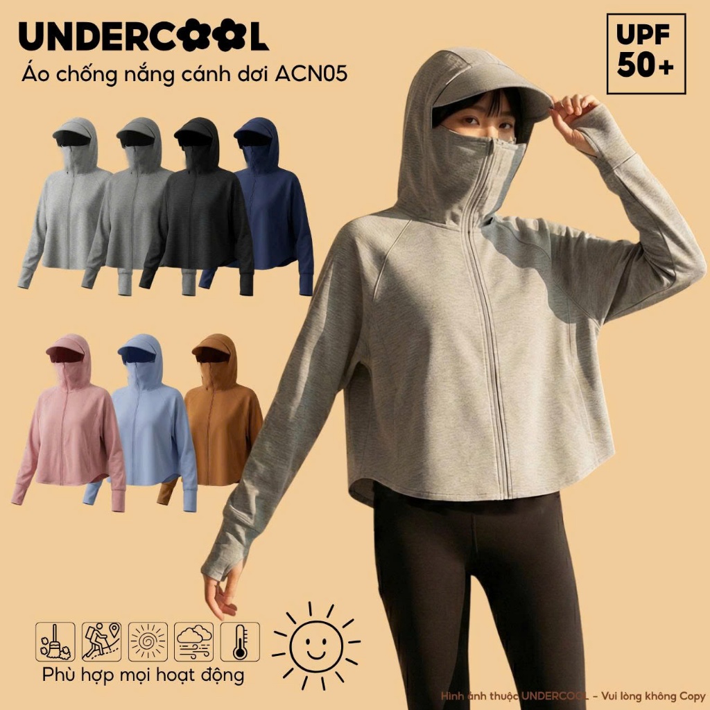 Áo Chống Nắng Cánh Dơi Nữ UNDERCOOL Vành Mũ To Dáng Croptop Chất Umì Nỉ Cao Cấp Co Giãn ACN05