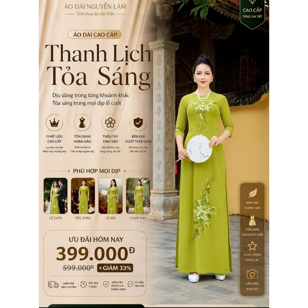 [GIẢM 40K] Áo Dài Cho Mẹ Sui Thêu Tay Cao Cấp - Mã A20 Màu Xanh Non Độ Co Giãn 4 Chiều, Áo Dài Cho Nữ