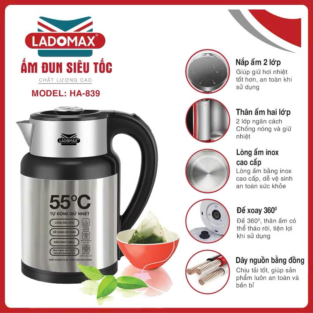 ẤM ĐUN SIÊU TỐC TỰ ĐỘNG GIỮ ẤM LADOMAX Mã: HA-839