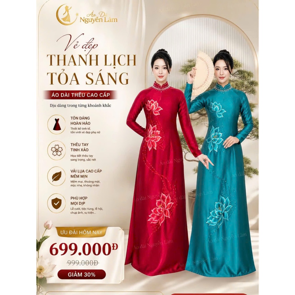 Áo dài Y Liên - Áo dài cho mẹ sui lụa ruby thêu tinh tế, điểm đá 7 màu cổ đính thủ công cao cấp, cổ cao 2,5p tà A