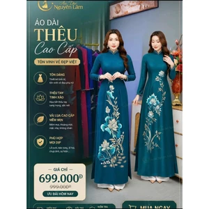 Áo dài Liên Chi - Áo dài mẹ sui thiết kế cao cấp lụa Mango màu cổ vịt sạng trọng, hoạ tiết thêu, tà rộng, cổ cao tay dài