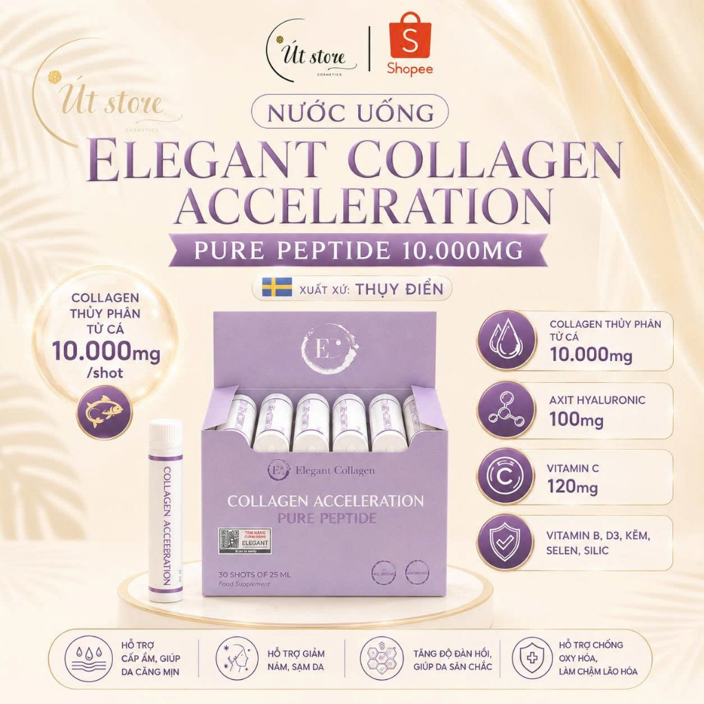 Hộp 30 Ống Nước Uống Elegant Collagen Acceleration Pure Peptide 10.000mg Collagen Cá Thụy Điển