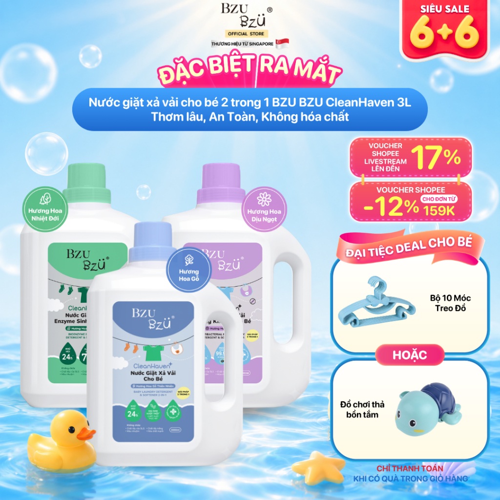 Can 3 Lít Nước Giặt Xả Vải BZU BZU Cho Bé Sơ Sinh Thơm Lâu - An Toàn Cho Bé CleanHaven 3 Mùi Hương