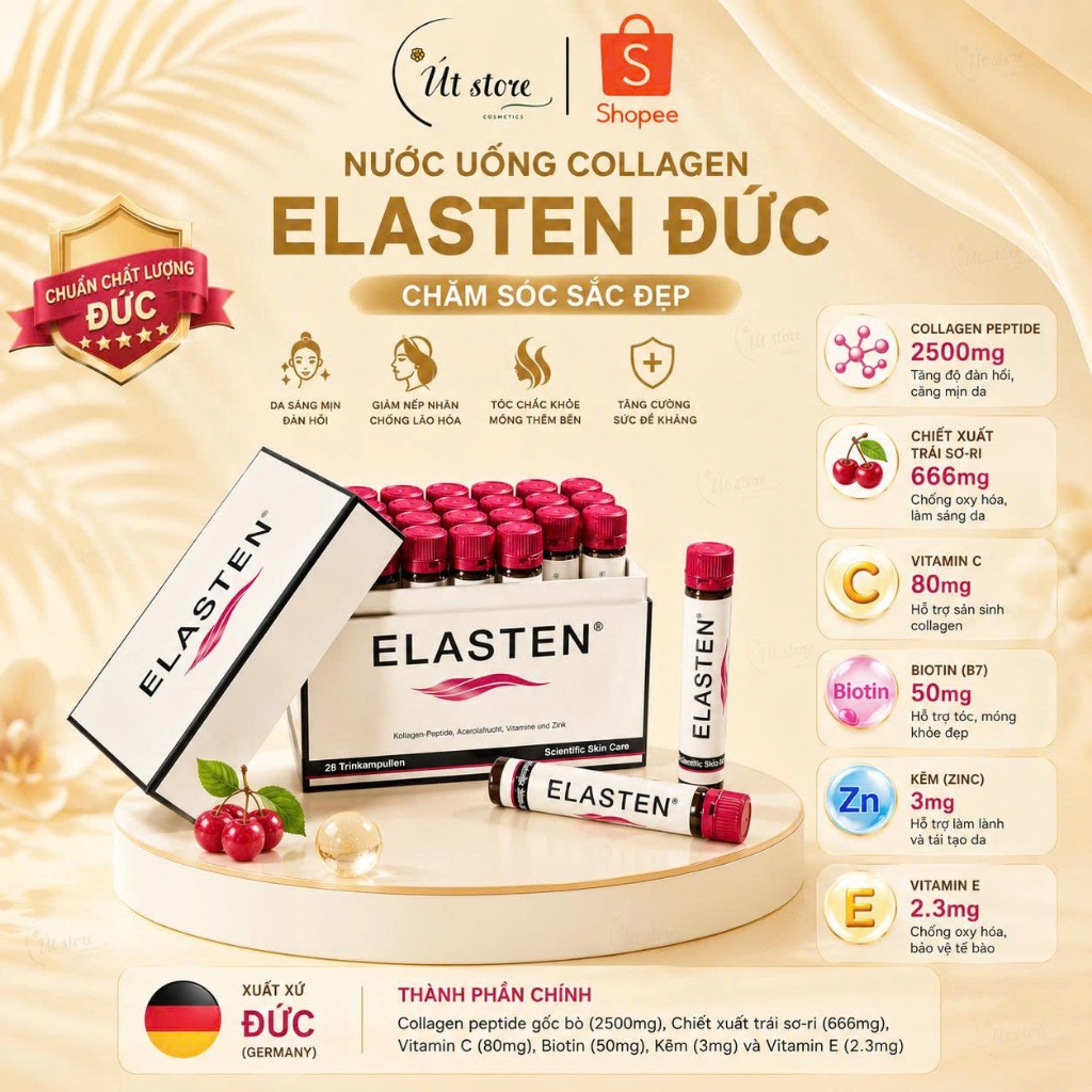Nước Uống Collagen Elasten Đức Chăm Sóc Sắc Đẹp (Hộp 28 Ống / 30 Ống)