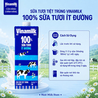 Sữa Tươi Tiệt Trùng Vinamilk 100% Ít Đường 1L - Thùng 12 Hộp