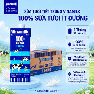 Sữa Tươi Tiệt Trùng Vinamilk 100% Ít Đường 1L - Thùng 12 Hộp