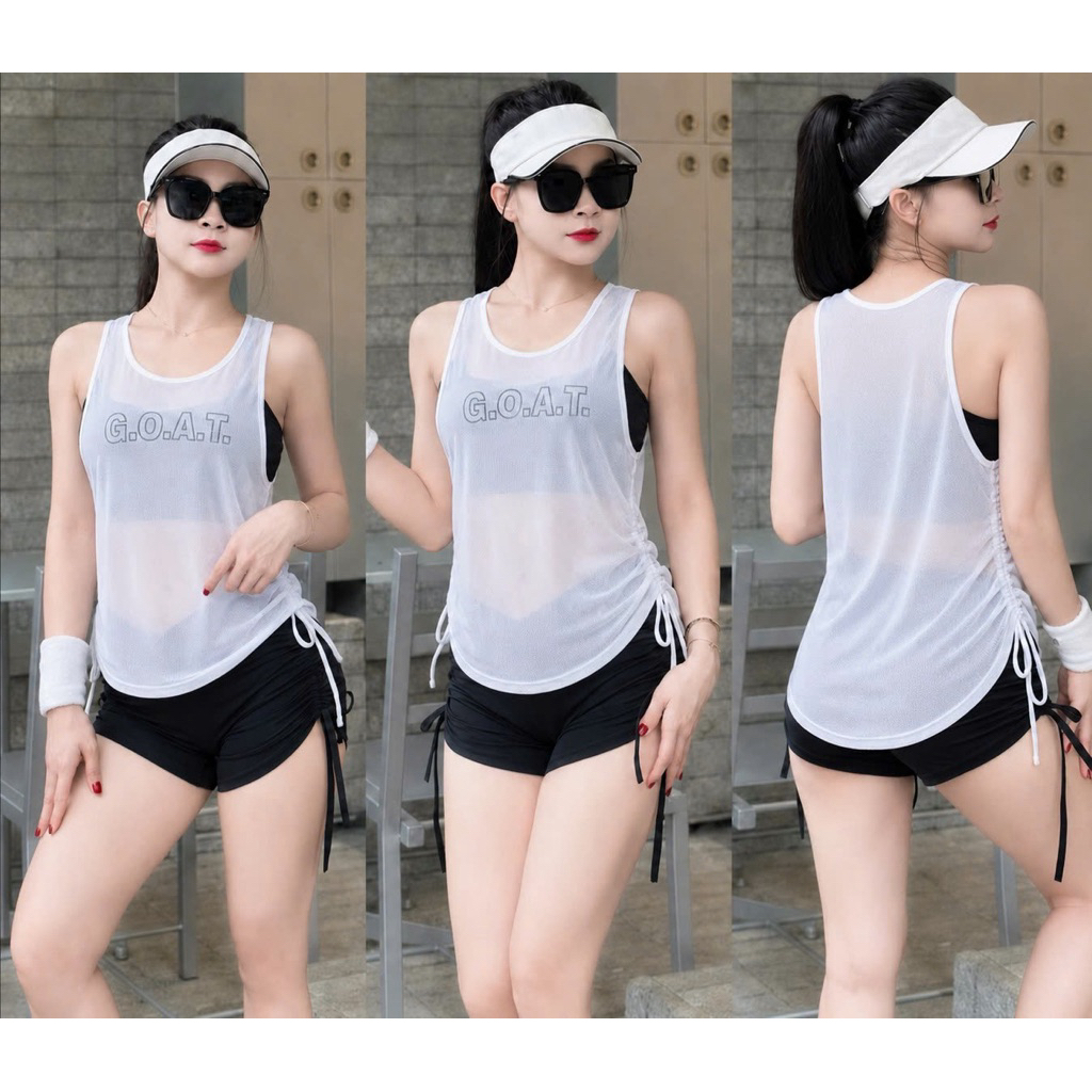 Tank top lưới tập gym có dây rút eo in chữ chất lưới mịn thoáng đẹp 007GOAT