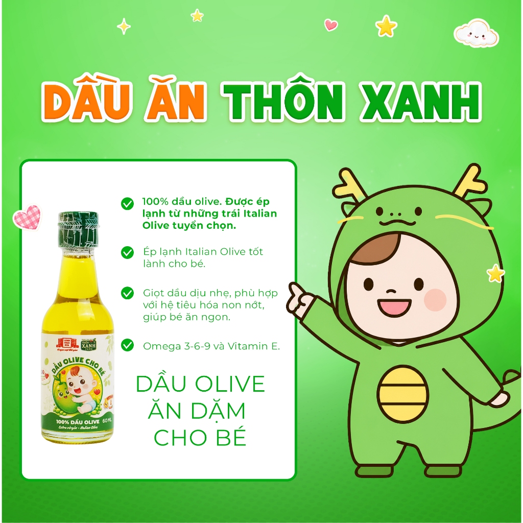 Dầu Olive ăn dặm dinh dưỡng Nguyên Chất Thôn Xanh Farm chai thuỷ tinh 60ml