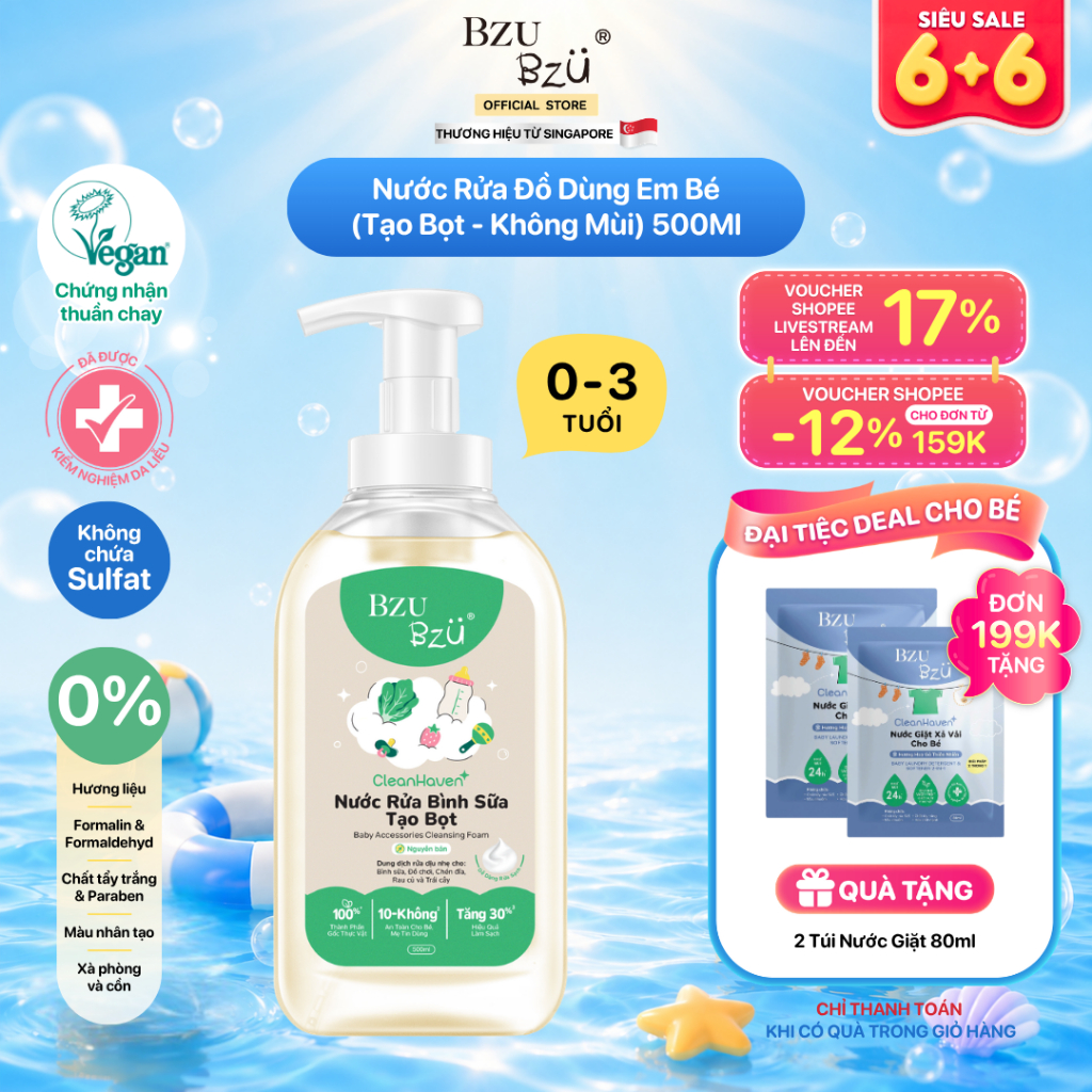 [Phiên bản mới] Nước Rửa Bình Sữa, Rau Củ Quả Và Đồ Dùng Em Bé Thuần Chay BZU BZU CleanHaven Tạo Bọt 500ml, Không Mùi