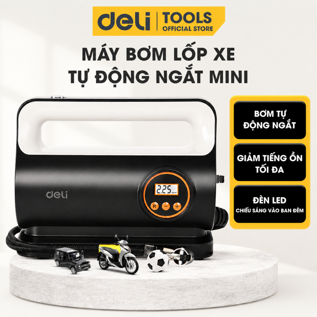 Máy Bơm Lốp Xe Tự Động Ngắt 80W Bơm 22L/phút Chống Ồn Deli - Bảo Hành 12 Tháng - Cắm nguồn 12V