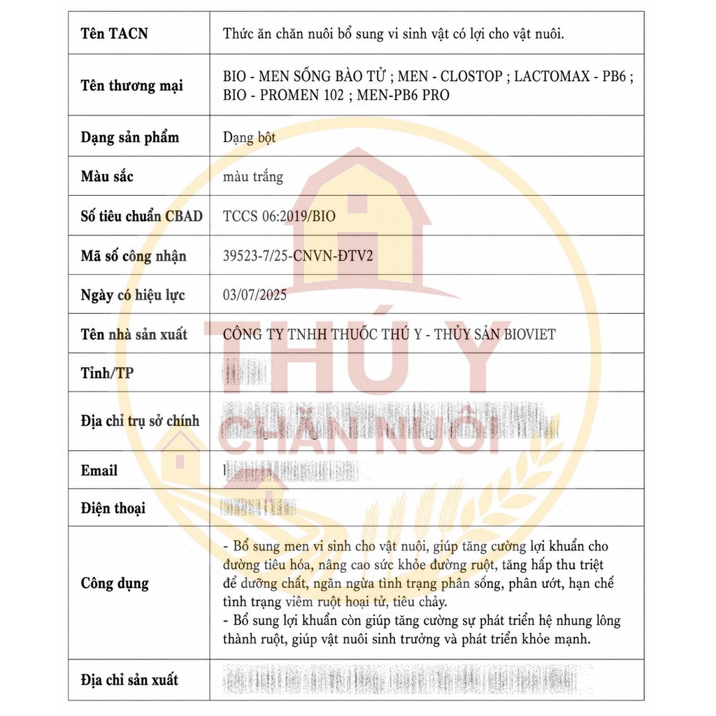 Bio - Men Sống Bào Tử Men Cao Cấp PB6 1Kg (5Tr1) Hỗ Trợ Tiêu Hoá, Tăng Hấp Thu Cho Gà, Vịt, Heo
