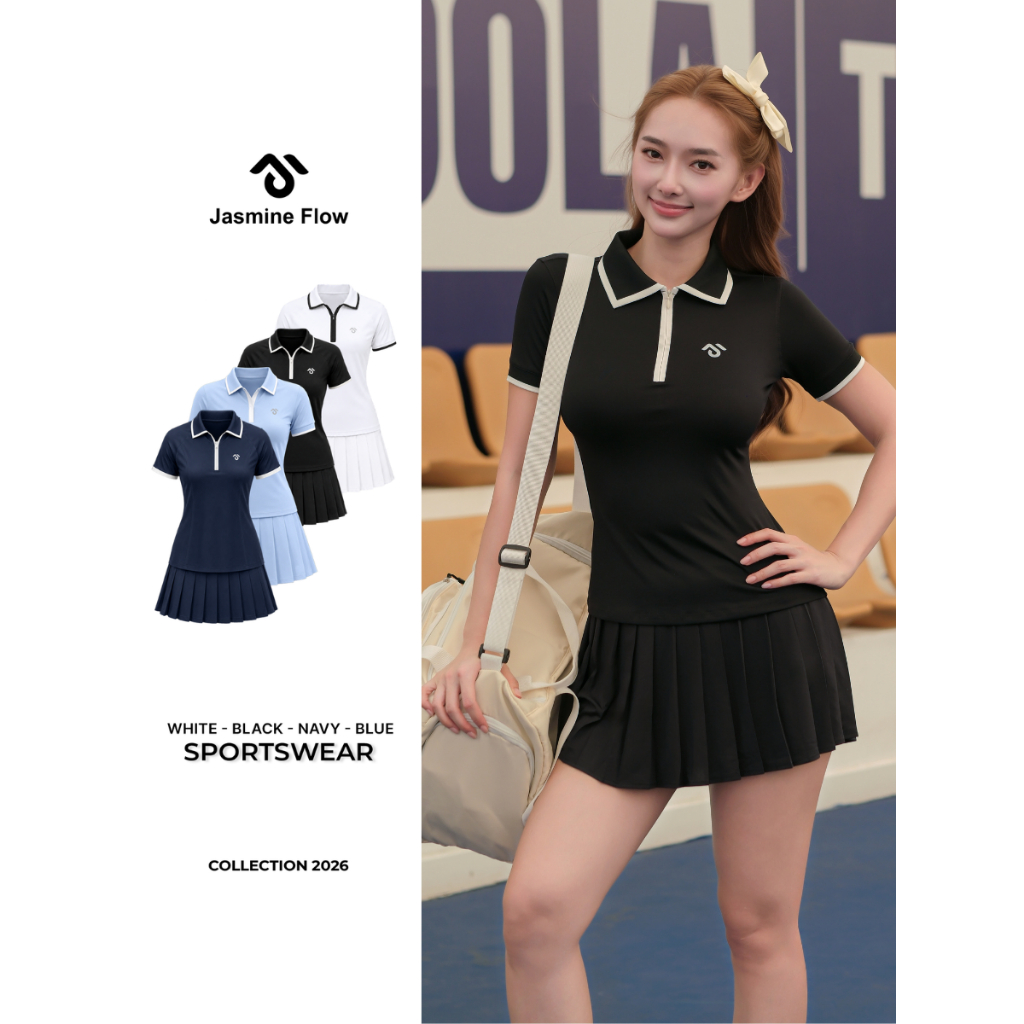 [DEAL MỞ BÁN] Set Bộ Pickleball, Tennis nữ cao cấp JASMINE FLOW, Áo Polo Phối Chân Váy xếp ly tôn dáng, co giãn JG048