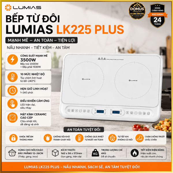 Bếp Từ Đôi Lumias LK225 Plus 3500W Chính Hãng, Mặt Kính Ceramic, Cảm Ứng LED, Bảo Hành 24 Tháng