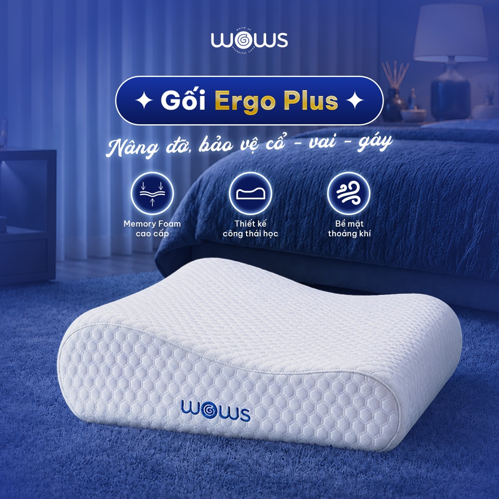 Gối WOWS Ergo+ - Gối Memory Foam Công Thái Học Nâng Đỡ Cổ Vai Gáy - Thiết Kế Lượn Sóng