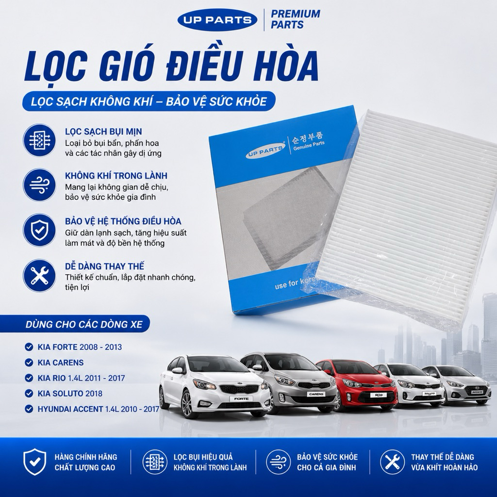 Lọc gió điều hòa dùng cho KIA FORTE 2008-2013; CARENS; RIO 1.4L 2011-2017; SOLUTO 2018; HYUNDAI ACCENT 1.4L 2010-2017