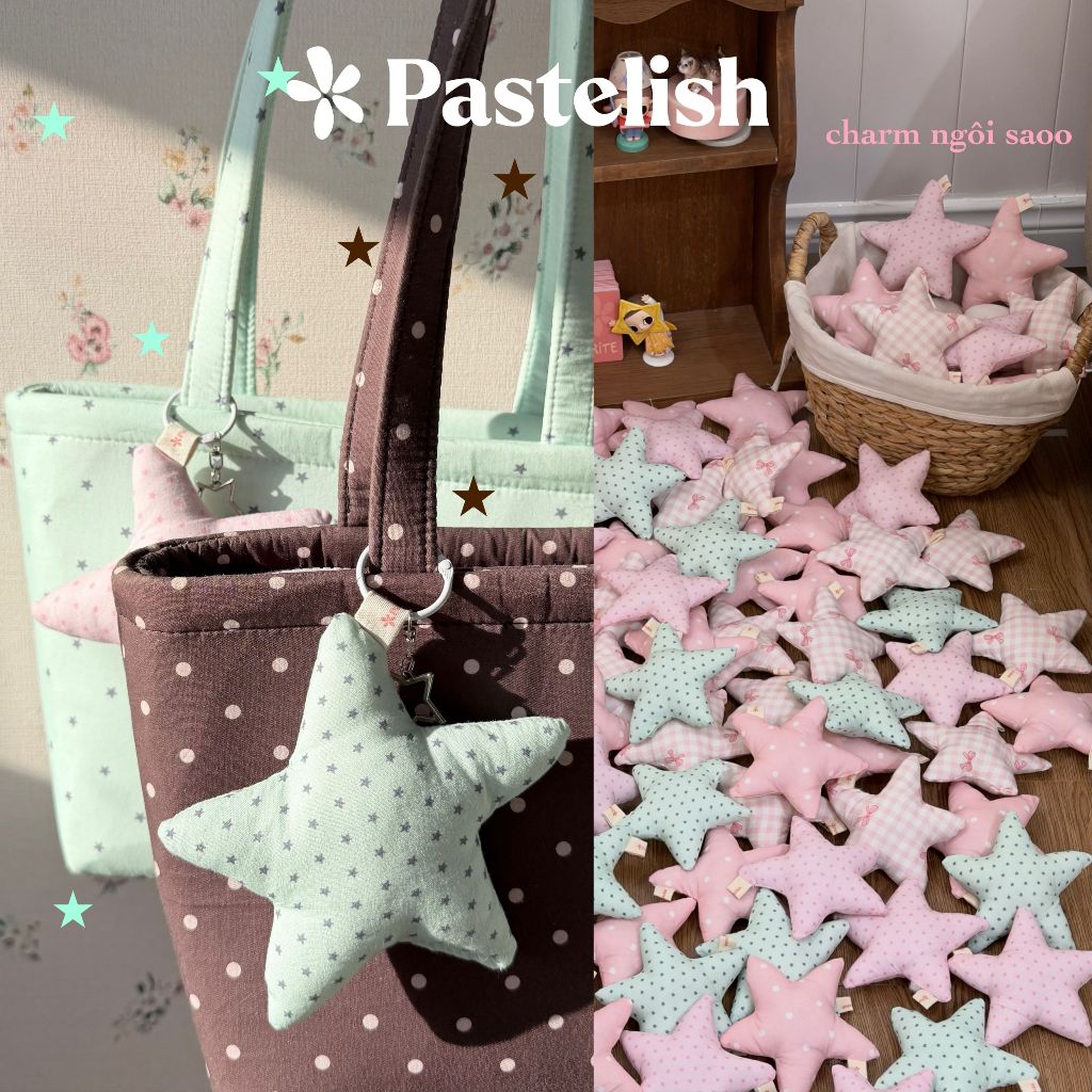 Charm NGÔI SAO chần bông Pastelish, dùng để cài túi xách, balo. Charm dạng ngôi sao vải xốp, chần bông mịn bên trong