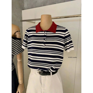 LT - Áo len mongtoghi kẻ nganh cổ bẻ, len mỏng cộc tay free size 1603