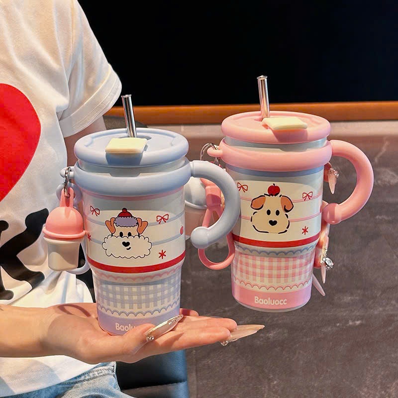 kèm quà tặng 0 đồng ( stiker , móc chìa khóa , cọ bình ) Ly Giữ Nhiệt Inox 316 Cute Có Tay Cầm Ống Hút Cao Cấp