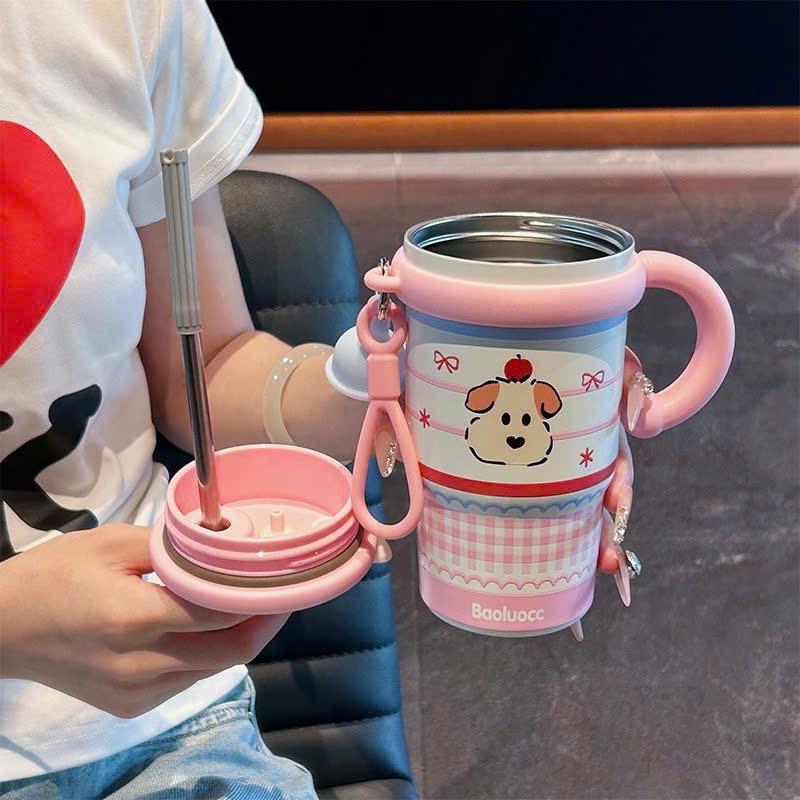 kèm quà tặng 0 đồng ( stiker , móc chìa khóa , cọ bình ) Ly Giữ Nhiệt Inox 316 Cute Có Tay Cầm Ống Hút Cao Cấp