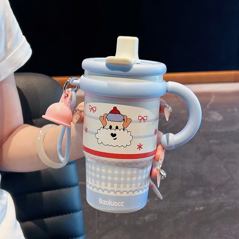 kèm quà tặng 0 đồng ( stiker , móc chìa khóa , cọ bình ) Ly Giữ Nhiệt Inox 316 Cute Có Tay Cầm Ống Hút Cao Cấp