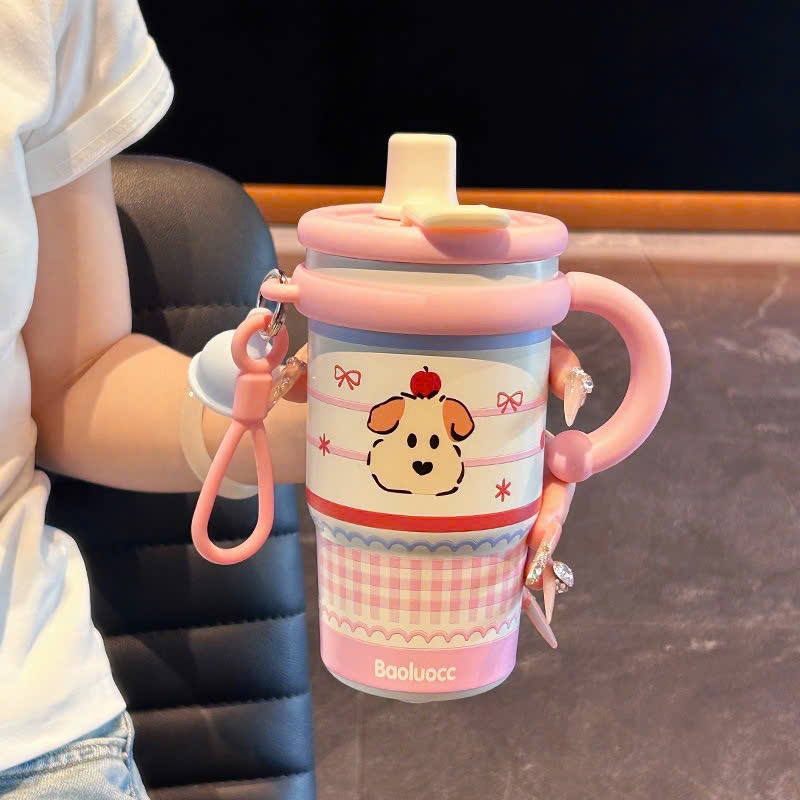 kèm quà tặng 0 đồng ( stiker , móc chìa khóa , cọ bình ) Ly Giữ Nhiệt Inox 316 Cute Có Tay Cầm Ống Hút Cao Cấp
