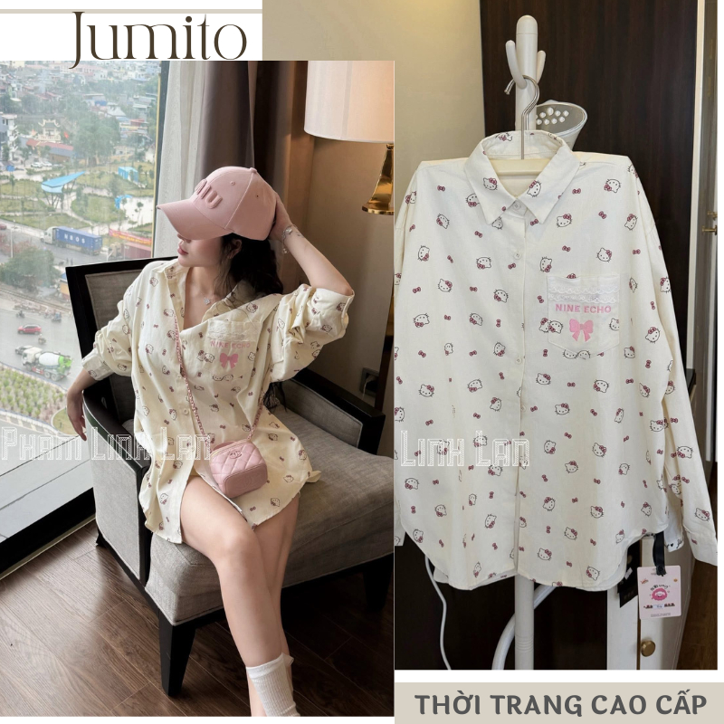 Áo sơ mi nữ tay dài họa tiết mèo phối túi ngực viền ren chất thô cotton dáng rộng phong cách Hàn Quốc HCOM27049