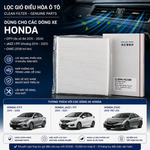 Lọc gió điều hòa ô tô Honda City (đa số đời 2015–2024) Honda Jazz / Fit (khoảng 2014–2021) Honda Civic (2018 trở lên) Ho