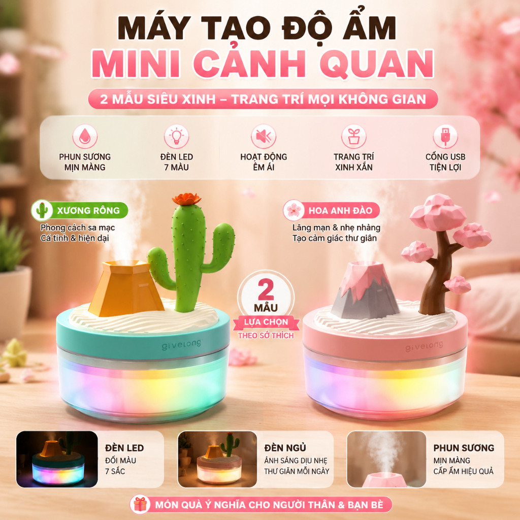 Máy Phun Sương Tạo Ẩm Mini USB｜Đèn Ngủ LED 7 Màu｜Xương Rồng, Hoa Anh Đào｜Decor Phòng Ngủ