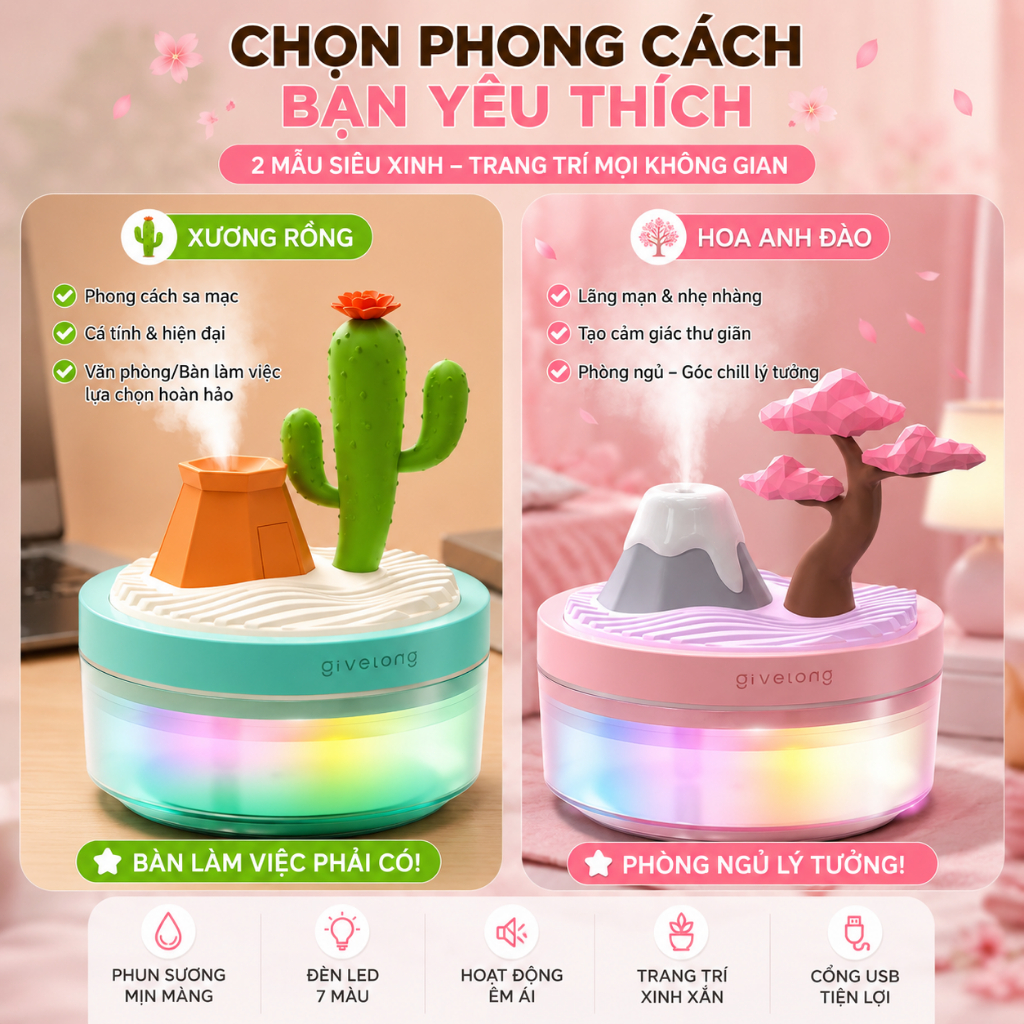 Máy Phun Sương Tạo Ẩm Mini USB｜Đèn Ngủ LED 7 Màu｜Xương Rồng, Hoa Anh Đào｜Decor Phòng Ngủ