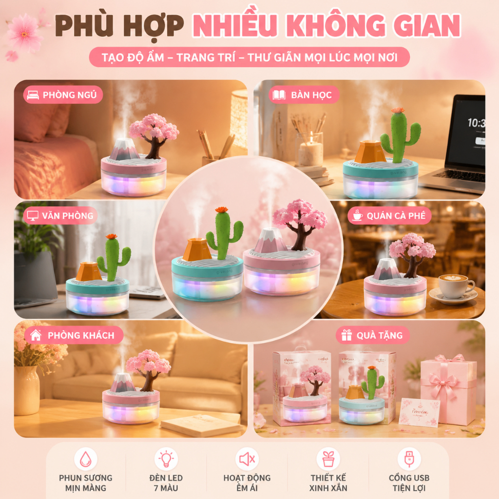 Máy Phun Sương Tạo Ẩm Mini USB｜Đèn Ngủ LED 7 Màu｜Xương Rồng, Hoa Anh Đào｜Decor Phòng Ngủ