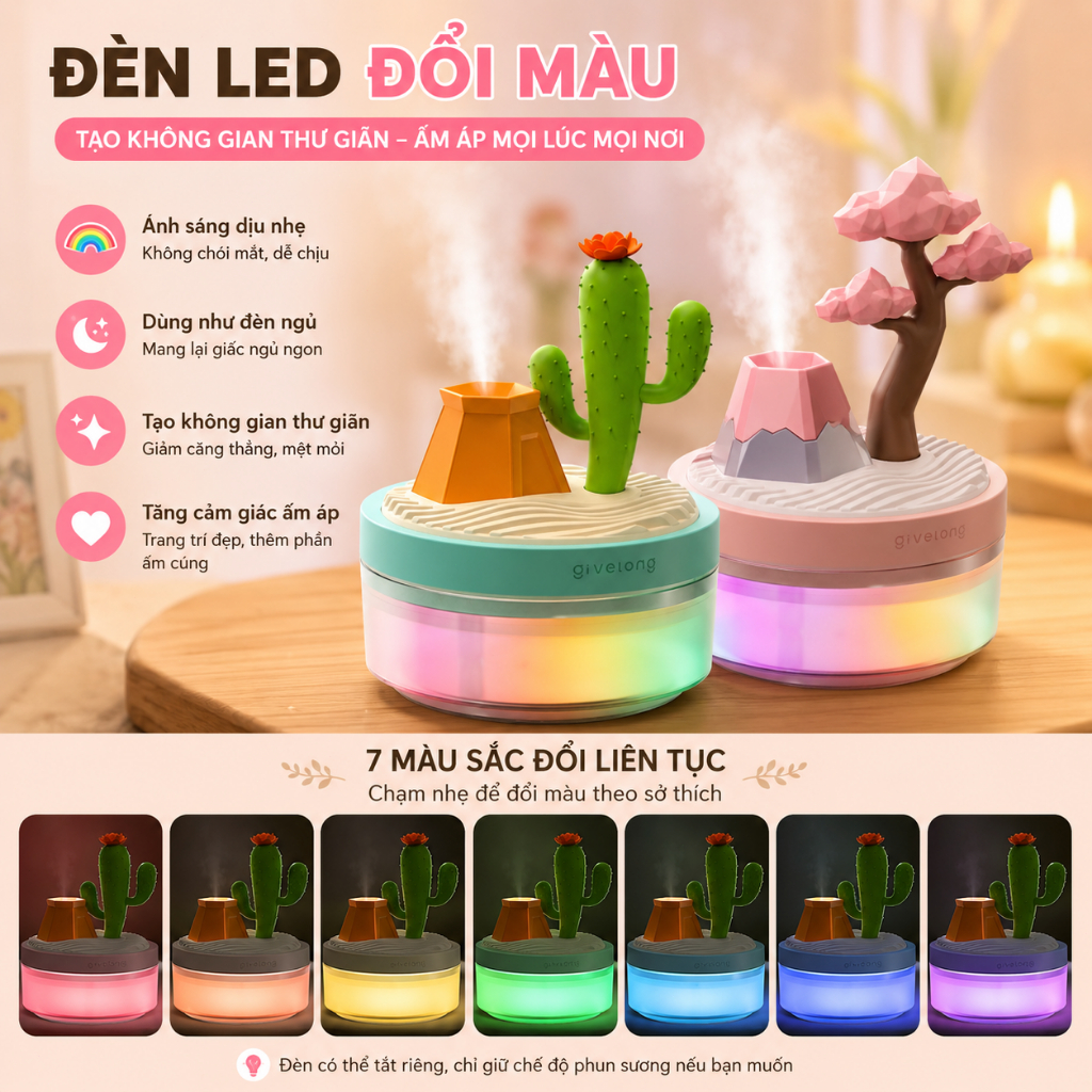 Máy Phun Sương Tạo Ẩm Mini USB｜Đèn Ngủ LED 7 Màu｜Xương Rồng, Hoa Anh Đào｜Decor Phòng Ngủ